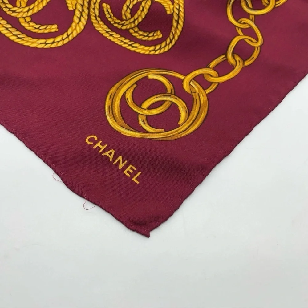 Auth Chanel gold chain and medallion design, Silk Scarf